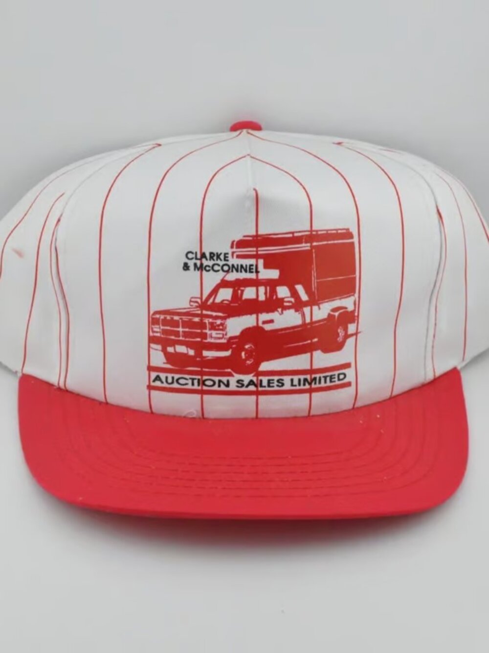 Vintage Clarke & McConnel Auction Sales Trucker Hat OSFM Pinstripe Snapback